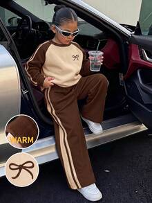 SHEIN LMoss Kids 女童小女孩圓領蝴蝶結圖案拼色長袖秋冬休閒日常運動衫與運動褲套裝 - 彩色 - 查看 4