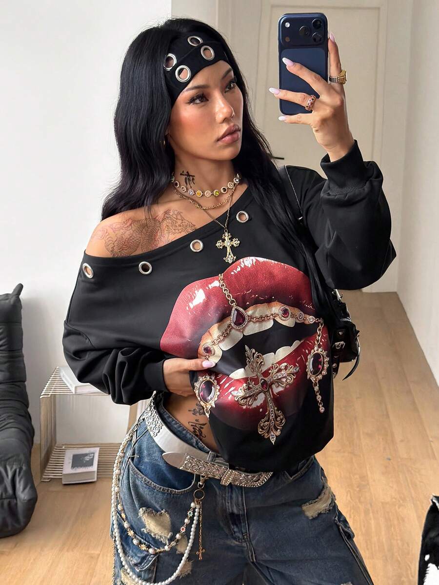Coolane 女款秋冬街頭風休閒 Y2K 搖滾龐克圖案唇印金屬孔眼黑色寬鬆不對稱肩長袖衛衣 - 黑色 - 查看 1