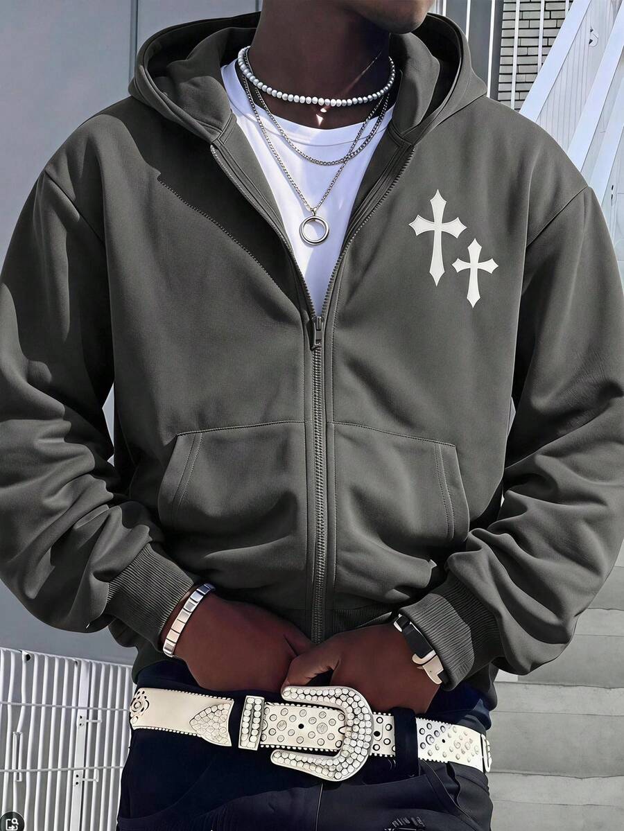 Sudadera con capucha y cremallera para adolescente, estampado de patrón versátil, multifuncional, para otoño - Gris - Ver 1