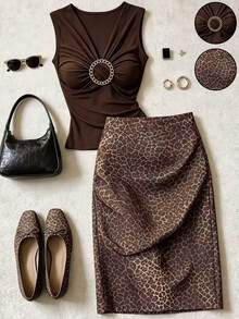 Franclia Women's Solid Color Pleated Top And Leopard Print Skirt Fashion Set - Brown - View 1