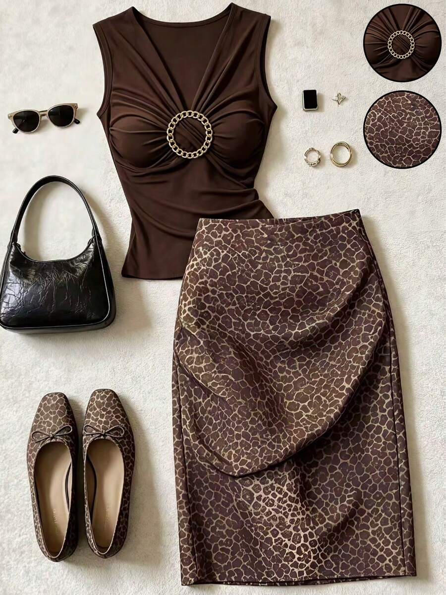 Franclia Women's Solid Color Pleated Top And Leopard Print Skirt Fashion Set - Brown - View 1