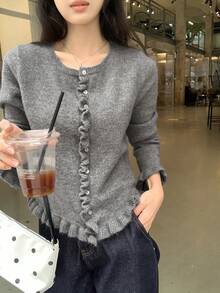 DAZY Women's Solid Color Loose Short Long Sleeve Ruched Ruffle Hem Casual Vacation Streetwear Spring Autumn Knit Cardigan - Grey - View 1