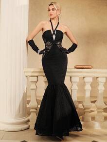 Anewsta Affair Gaun Malam Wanita Elegan Model Duyung dengan Detail Renda Kontras di Sisi Pinggang dan Hem Model Halter Neck - Hitam - View 7