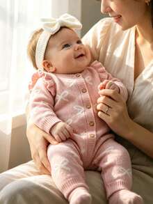 SHEIN 0-3 Months Baby Girl Knitted Romper, Button Front, Bow Tie, Newborn Photography Outfit - Baby Pink - View 8
