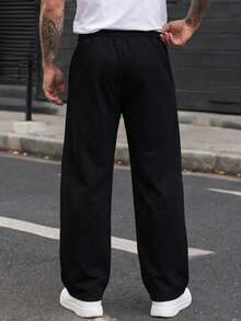 Manfinity CasualCool 男士黑色直筒抽繩運動長褲，舒適實用便利，小配件設計，Ins風，適合丈夫禮物，休閒外出約會、婚禮、拍照，Y2K風格，百搭必備，四季皆宜 - 黑色 - 查看 2