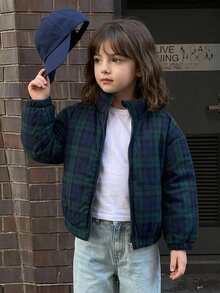 Hapijoa Young Girls Loose Basic Fluffy Thick Padded Coat With Stand Collar And Plaid Pattern, Long Sleeve, Autumn/Winter - Blue - View 5