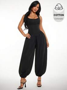 Radiana Women's Vacation Ruched Loose Fashion Tapered Leg Jumpsuit - Black - View 3