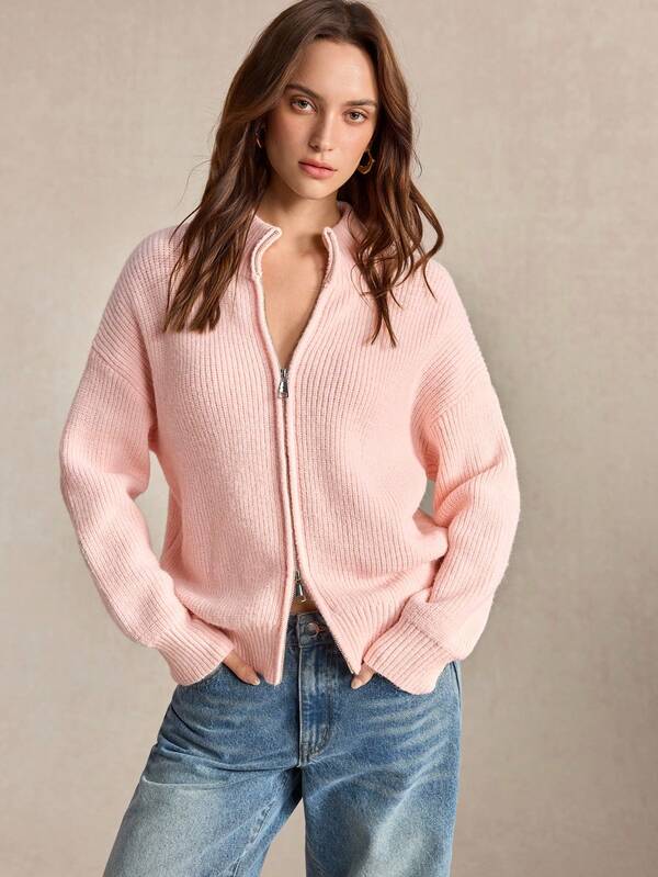 BizChic Soft Pink Straight Neck Metal Zipper Drop Shoulder Sleeve Women's Cardigan Sweater French Casual Elegant Vintage Office Everyday Commute Autumn