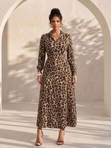 Structelle Women's Casual Elegant Long Sleeve Animal Leopard Print Pocket Button Front Collar Dress Office Work Dinner Beige Autumn - Multicolor - View 7