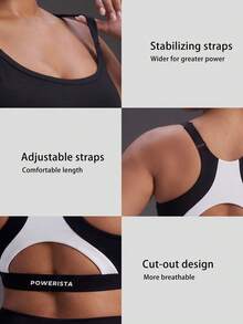 Powerista Bra Olahraga Fitness Sehari-hari Warna Polos Ukuran Plus Wanita - Hitam dan Putih - View 4