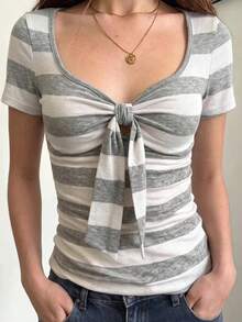 Sundraya American Retro Striped Short Sleeve Slim Fit Women's T-Shirt - Multicolor - View 1