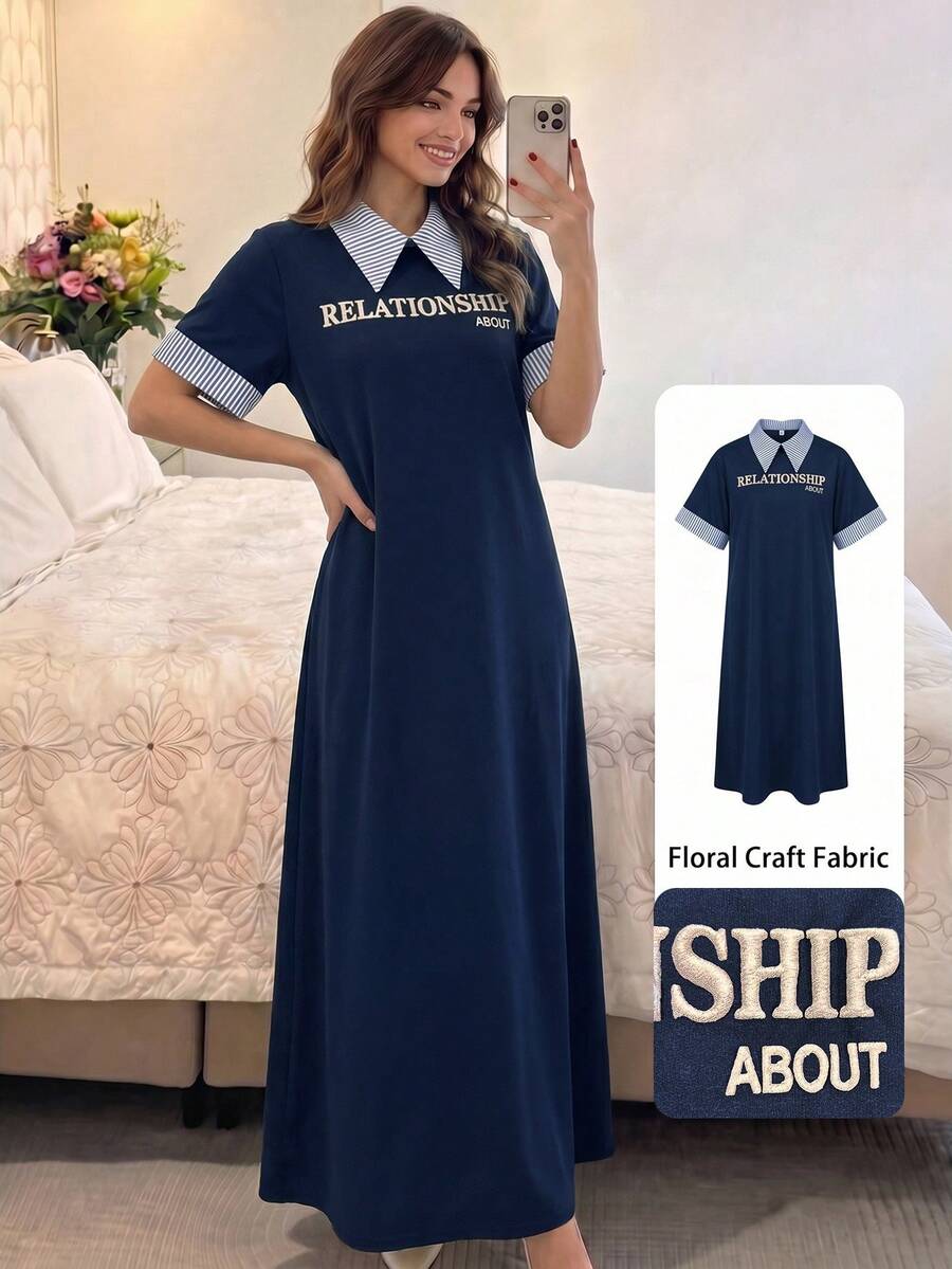 Yasmyna Summer Minimalist Casual Letter Print Striped Patchwork 2 In 1 Short Sleeve Loose Slimming Youthful Women's Long Dress - Multicolor - View 1
