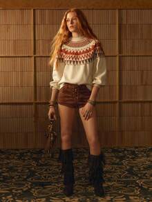 MOTF STUDIO FAIR ISLE PATTERN MOCK NECK FAUX PEARLS LOOSE KNIT SWEATER - Camel - View 4