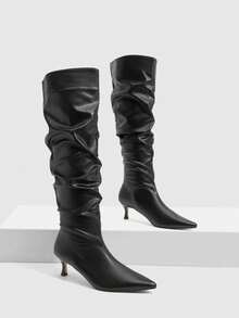 CUCCOO SZL Stivali da donna con punta nera in pelle morbida con tacco kitten e stivali da donna al ginocchio eleganti semplici da pendolare sexy per occasioni di festa & Natale autunno inverno stivali alti da donna - Pelle nera morbida - Visualizzare 2