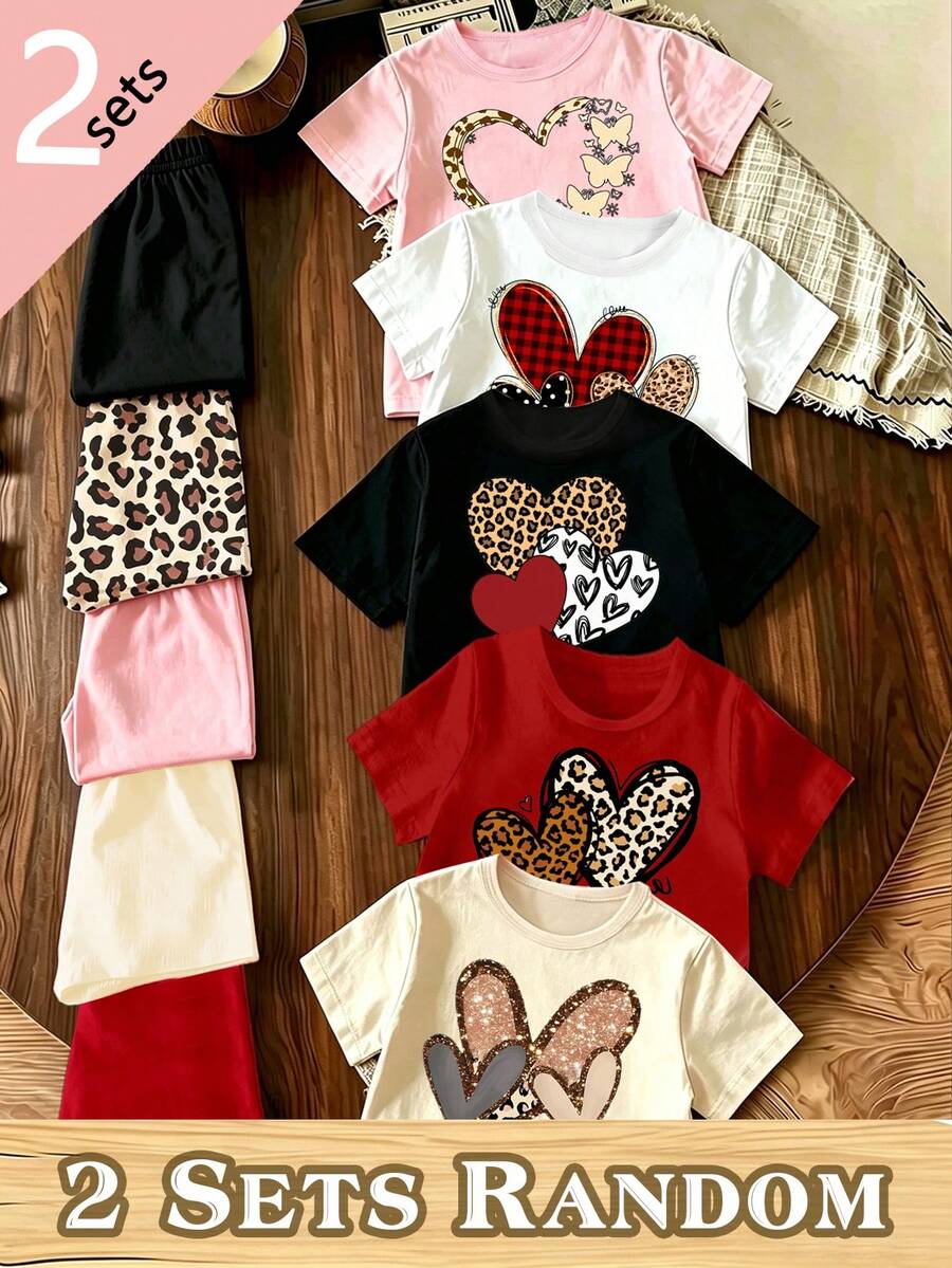 (2 Random Item From 5) Girls' Shiny Leopard Print Heart Butterfly Plaid Heart Pattern Basic Short T-Shirt And Shorts - Multicolor - View 1