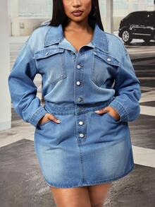 Slaydiva Gaun Bodycon Biru Non-Stretch untuk Wanita Ukuran Plus Model Cowgirl Outfit - Light Wash - View 4