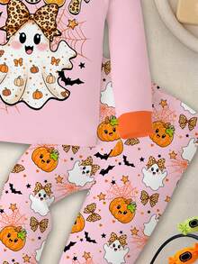 Halloween, Young Girl Casual Minimalist Cute Sweet Ghost, Pumpkin, Bat Pattern, Cream Color, Comfortable Long Sleeve Long Pants Loungewear Suitable For Autumn/Winter, Snug Fit, Looks Of Party, Cute, Cozy, Snug Fit - Multicolor - View 6