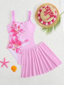 SHEIN Traje de baño de una pieza con tirantes finos y estampado floral, con falda de malla de unicolor para niña preadolescente - Multicolor - Ver 1