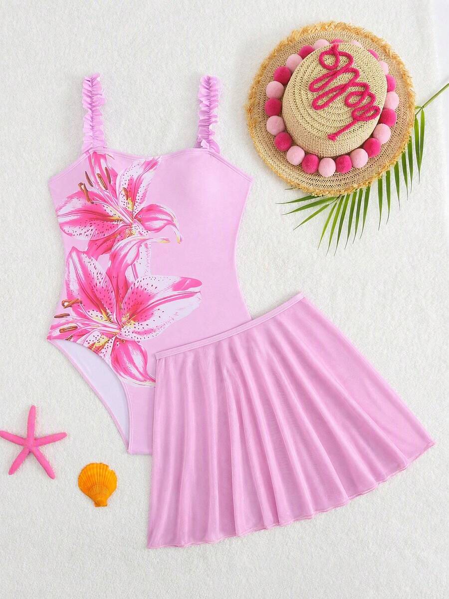SHEIN Traje de baño de una pieza con tirantes finos y estampado floral, con falda de malla de unicolor para niña preadolescente - Multicolor - Ver 1