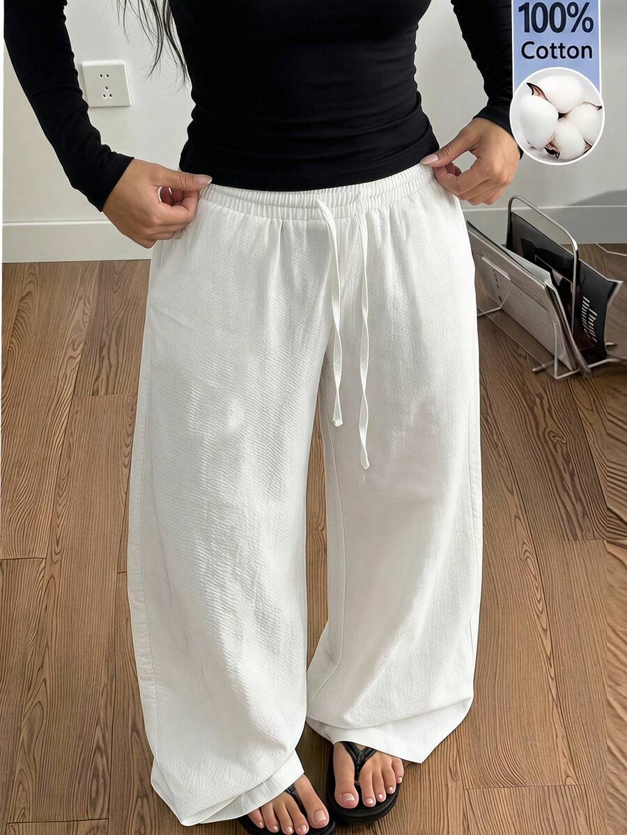 SHEIN 青少年女孩春夏海灘度假休閒日常居家穿著 百搭 100%純棉梭織舒適素色寬鬆長褲附口袋 - 白色 - 查看 1