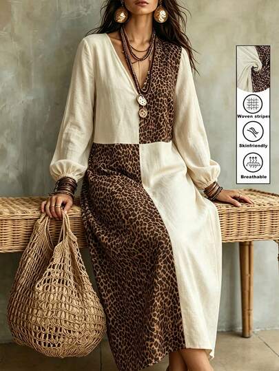 Linhara CURVE Women's Plus Size Apricot Patchwork Leopard Print Faux Linen Textured Fabric V-Neck Long Sleeve Elastic Cuffs Loose Fit Casual Minimalist Comfortable Daily Wear Commute Business French Street Vintage Beach Vacation Outfit Spring/Autumn/Winter New Long Dress