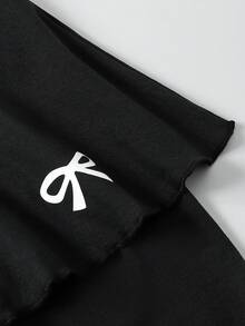 SHEIN 青少年女孩緊身褲，休閒優雅裙褲二合一蝴蝶結圖案，適合春、秋、夏穿著，完美適用於外出 - 黑色 - 查看 6