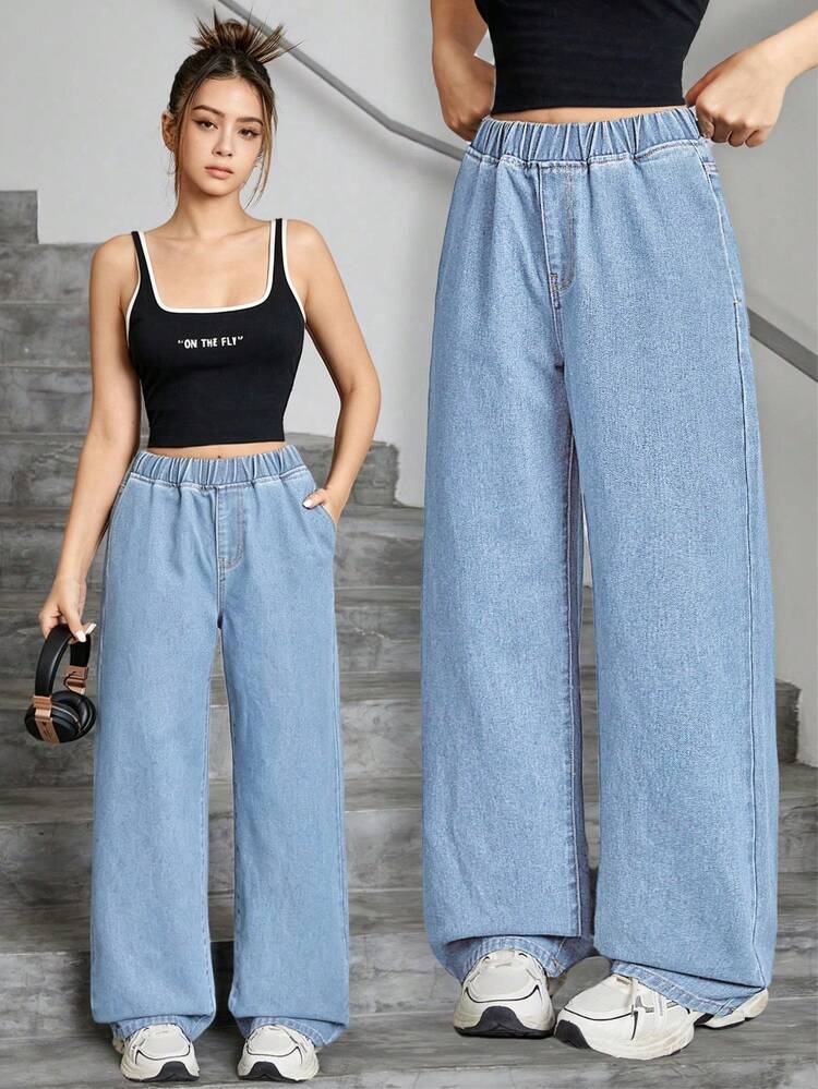 SHEIN Celana Jeans Lurus Longgar Warna Polos Kasual Gaya Streetwear Y2K untuk Remaja Perempuan, Gaya Jalanan Kembali ke Sekolah, Celana Longgar untuk Pesta Perpisahan Prom Musim Panas - Light Wash - View 1