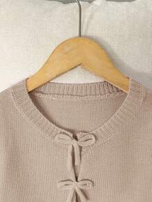 SHEIN LMoss Kids 女童針織毛衣，蝴蝶結裝飾，可愛休閒，柔軟舒適百搭，適合居家、派對、度假場合 - 卡其色 - 查看 5