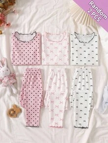 SHEIN 兒童青少年女孩休閒居家甜美黑白蝴蝶結印花對比滾邊長袖T恤與直筒寬腿褲兩件套 秋冬套裝 隨機10款發2件 - 白色 - 查看 3