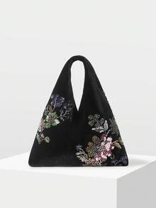 MOTF WOMEN'S FASHION HANDBAG, CLASSIC BLACK VELVET, DELICATE SEQUINED FLOWERS, SUITABLE FOR EVERYDAY, DATING, SHOPPING, HOLIDAY GIFTS - Black - View 2