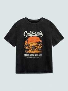 Modcrash Kaos Pria Ukuran Besar Kasual Musim Panas Motif Pohon Palem Matahari Terbenam Kerah Bulat Dicuci - Hitam - View 3