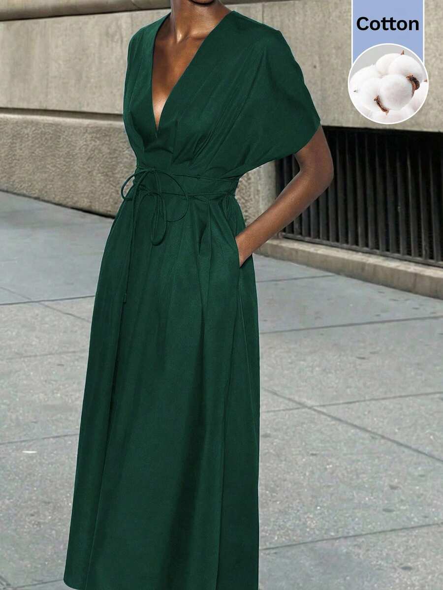 Gaun Maxi MAIJA Kasual Bergaris Campuran Linen dengan Potongan Longgar dan Tali Serut - Dark Green - View 1