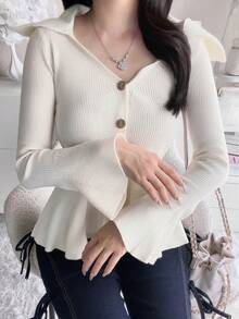 FRIFUL Women's Solid Color Casual French Elegant Versatile Daily Brunch Cardigan Cream White Autumn Brunch - Apricot - View 6