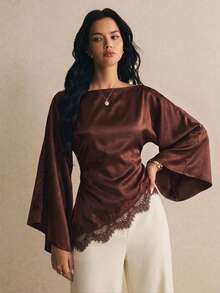 Poéselle 女款對比蕾絲喇叭袖棕色優雅襯衫，冬季 - 棕色 - 查看 6