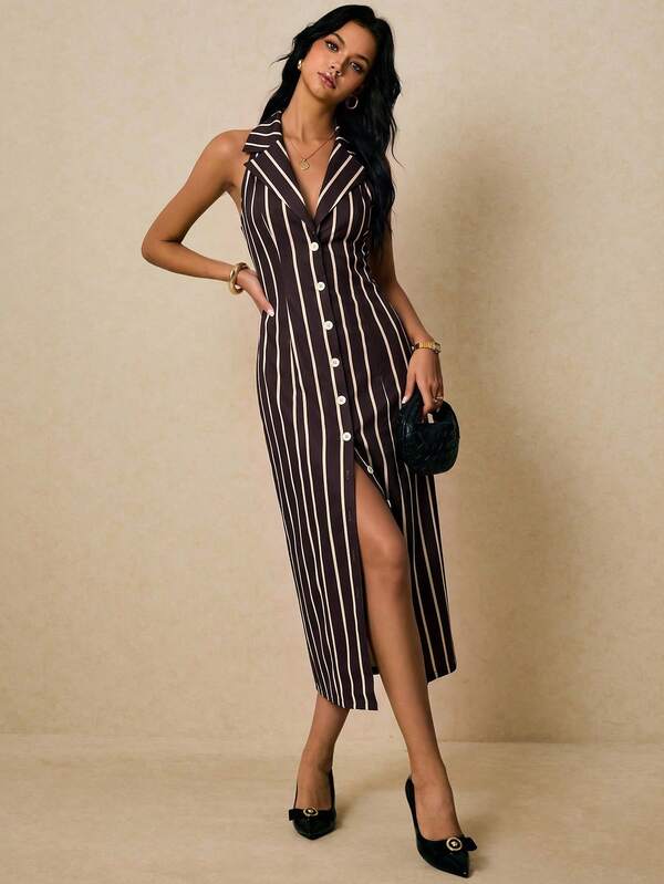Poéselle Women's Striped Colorblock Split Design Casual Daily Long Dress