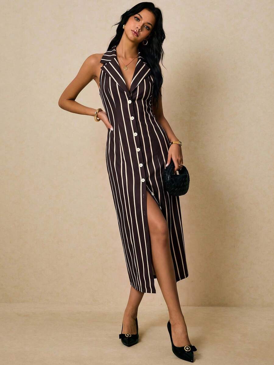 Poéselle 女款西裝領條紋襯衫中長洋裝,新品四季百搭,適合職場辦公、返校與日常出遊的休閒正裝 - 棕色 - 查看 1