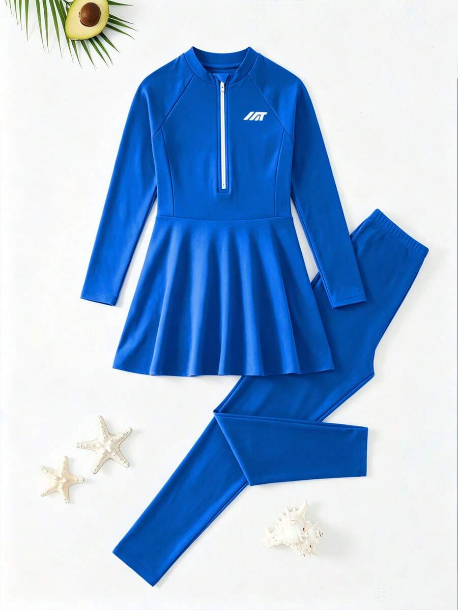 SHEIN 青少年女孩坦克比基尼泳衣(大號)吊帶比基尼保守款紫色針織面料長袖長褲拉鍊裙兩件套 時尚休閒 精緻優雅女士款 適合游泳 夏季度假 海灘 海邊 泳池 游泳池 夏季假期派對 休閒度假 - 寶藍色 - 查看 1