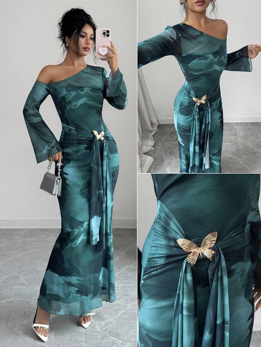 Elenzga Women's Autumn Dark Teal Mesh Printed Asymmetric Neck Long Sleeve Fitted Dress Metal Butterfly Decoration, Dating Night Out Party Sexy Elegant - Dark Green - View 1