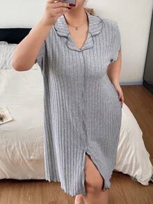 Napfluff CURVE Napfluff CURVE Minimalist Casual Style Frill Trim Lapel Button Knit Plus Size Nightgown - Grey - View 1