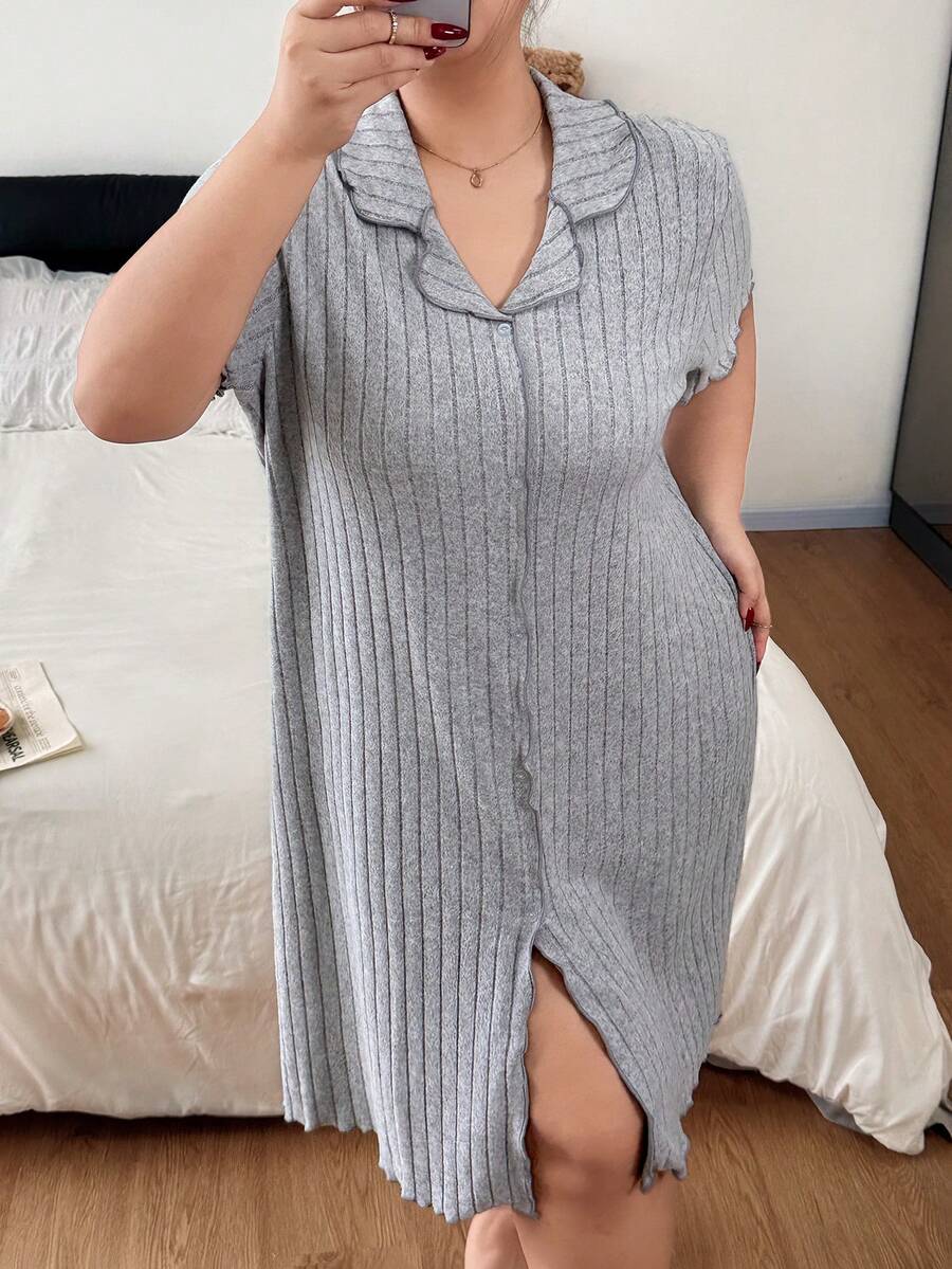 Napfluff CURVE Napfluff CURVE Minimalist Casual Style Frill Trim Lapel Button Knit Plus Size Nightgown - Grey - View 1