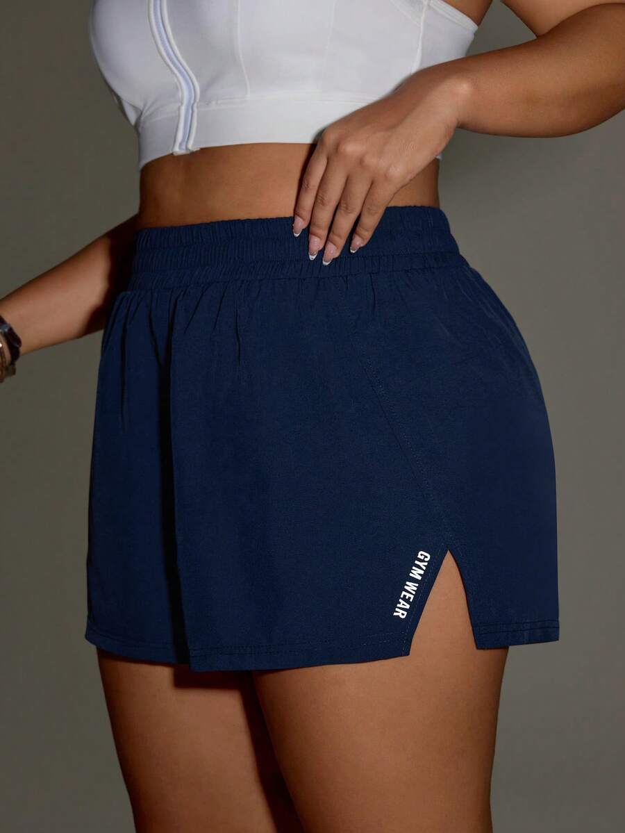 SHEIN Unity Quần short thể thao size lớn màu xanh navy có túi trong, phong cách thể thao thường ngày cho phòng gym mùa hè - Màu xanh hải quân - Xem 1
