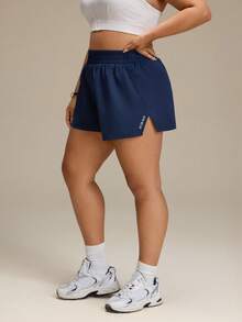 SHEIN Unity Quần short thể thao size lớn màu xanh navy có túi trong, phong cách thể thao thường ngày cho phòng gym mùa hè - Màu xanh hải quân - Xem 6