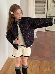 DAZY Tween Girls' Black And White Polka Dot Stand Collar Japanese-Korean Style Loose Thick Winter Coat Jacket Fall - Black - View 8