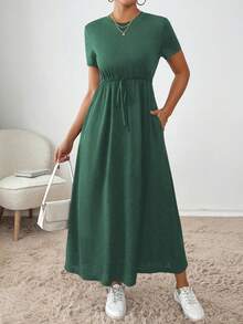 SHEIN Essnce 女士休闲纯色抽绳腰夏季连衣裙 - 墨綠色 - 查看 6