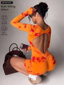 SHEIN Core Rhythm 女款時尚運動風交叉設計露背緊身連身褲 機場穿搭 - 彩色 - 查看 3