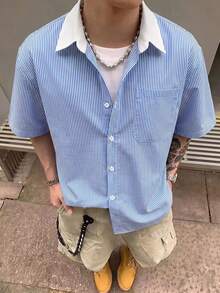 STEELVANCE 男士條紋短袖襯衫，單口袋經典款，適合正式或休閒場合，休閒度假、用餐聚會、簡單辦公、居家休閒穿著，百搭風格，適合自穿或送禮給朋友，熱銷舒適面料襯衫 - 彩色 - 查看 1