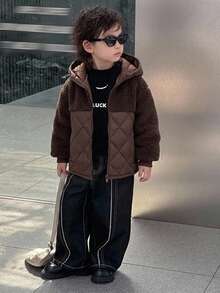 Dazy Kids Young Boy Solid Color Long Sleeve Zip-Up Hooded Winter Jacket Fall - Brown - View 3