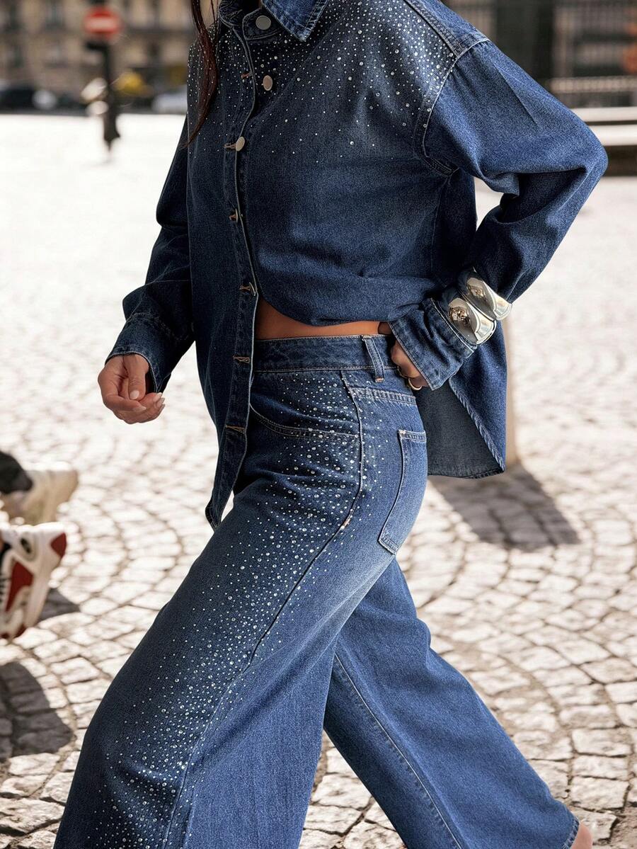 DAZY Women's Rhinestone Blouse And Straight Leg Pants Casual 2 Pieces Denim Set Fall - Medium Wash - View 1