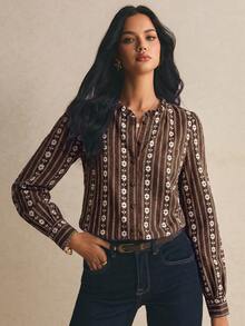Poéselle Women's All-Over Print Casual Versatile Daily Wear Shirt - Brown - View 4