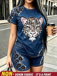 Rovax Women's Animal Print Short Sleeve Top, Earrings And Shorts Casual Daily 2 Pieces Set - Multicolor - View 1